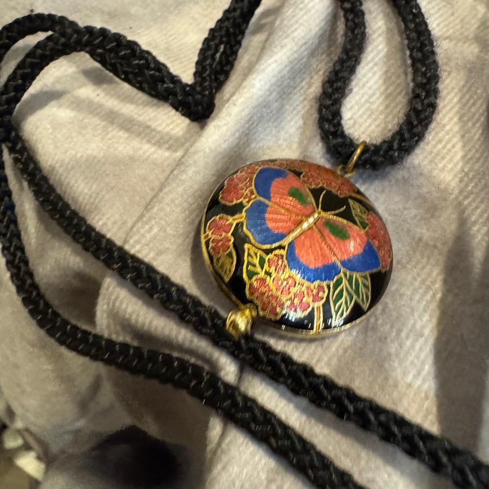 Cloisonnne Butterfly Black Cord Necklace with Colorful Butterfly‎ Pendant